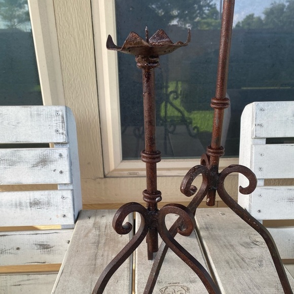 Vintage Wrought Iron Rustic Set Of (2) 16”& 21” Gothic Regency Candle Holders - Picture 3 of 16